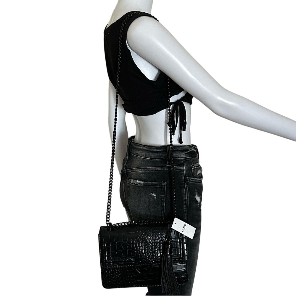 Aldo Dirasen Black Chain Vegan Leather Croc Embossed Shoulder Crossbody bag